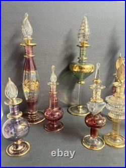 Vintage Egyptian Hand Blown Art Glass Perfume Bottles Lot of 10 Gold Gilt