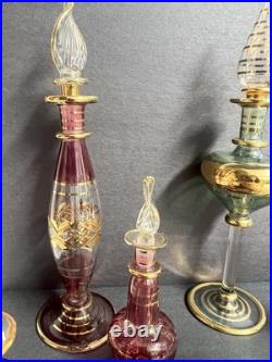 Vintage Egyptian Hand Blown Art Glass Perfume Bottles Lot of 10 Gold Gilt