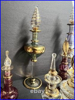 Vintage Egyptian Hand Blown Art Glass Perfume Bottles Lot of 10 Gold Gilt