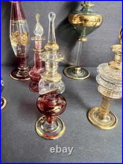 Vintage Egyptian Hand Blown Art Glass Perfume Bottles Lot of 10 Gold Gilt