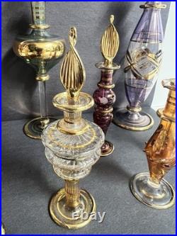 Vintage Egyptian Hand Blown Art Glass Perfume Bottles Lot of 10 Gold Gilt