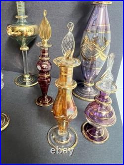 Vintage Egyptian Hand Blown Art Glass Perfume Bottles Lot of 10 Gold Gilt