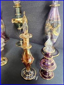 Vintage Egyptian Hand Blown Art Glass Perfume Bottles Lot of 10 Gold Gilt