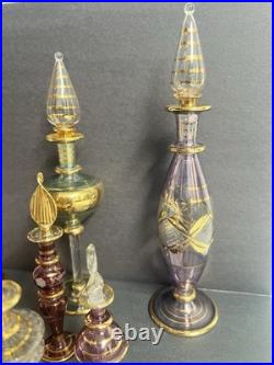 Vintage Egyptian Hand Blown Art Glass Perfume Bottles Lot of 10 Gold Gilt