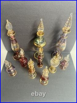 Vintage Egyptian Hand Blown Art Glass Perfume Bottles Lot of 10 Gold Gilt