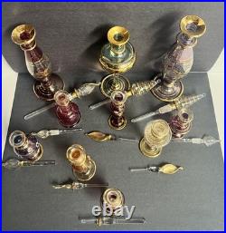 Vintage Egyptian Hand Blown Art Glass Perfume Bottles Lot of 10 Gold Gilt