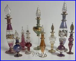 Vintage Egyptian Hand Blown Art Glass Perfume Bottles Lot of 10 Gold Gilt