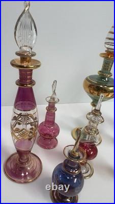 Vintage Egyptian Hand Blown Art Glass Perfume Bottles Lot of 10 Gold Gilt