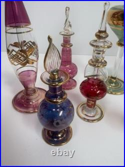 Vintage Egyptian Hand Blown Art Glass Perfume Bottles Lot of 10 Gold Gilt