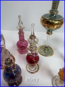 Vintage Egyptian Hand Blown Art Glass Perfume Bottles Lot of 10 Gold Gilt