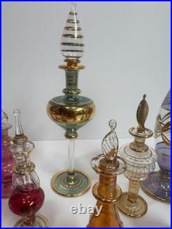 Vintage Egyptian Hand Blown Art Glass Perfume Bottles Lot of 10 Gold Gilt