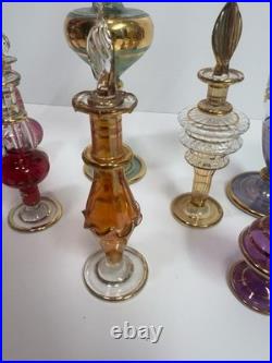 Vintage Egyptian Hand Blown Art Glass Perfume Bottles Lot of 10 Gold Gilt