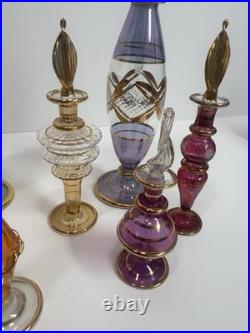 Vintage Egyptian Hand Blown Art Glass Perfume Bottles Lot of 10 Gold Gilt
