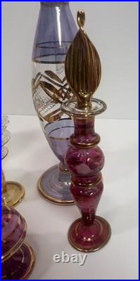 Vintage Egyptian Hand Blown Art Glass Perfume Bottles Lot of 10 Gold Gilt