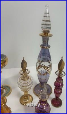Vintage Egyptian Hand Blown Art Glass Perfume Bottles Lot of 10 Gold Gilt