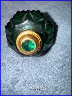 Vintage Emerald Green Glass Perfume Bottle EMPTY Fan Shape Jeweled Stopper