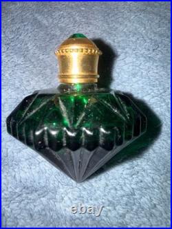 Vintage Emerald Green Glass Perfume Bottle EMPTY Fan Shape Jeweled Stopper