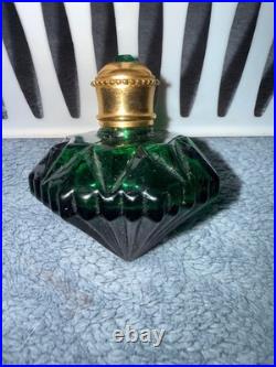 Vintage Emerald Green Glass Perfume Bottle EMPTY Fan Shape Jeweled Stopper