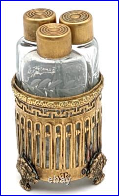 Vintage Etched Crystal Perfume Bottles In Ornate Brass Holder Marked