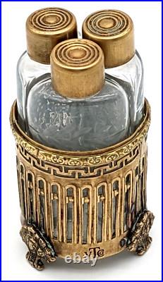 Vintage Etched Crystal Perfume Bottles In Ornate Brass Holder Marked