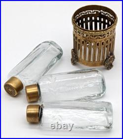 Vintage Etched Crystal Perfume Bottles In Ornate Brass Holder Marked