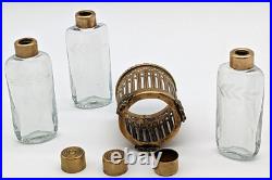 Vintage Etched Crystal Perfume Bottles In Ornate Brass Holder Marked