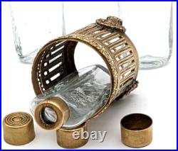 Vintage Etched Crystal Perfume Bottles In Ornate Brass Holder Marked