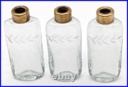 Vintage Etched Crystal Perfume Bottles In Ornate Brass Holder Marked