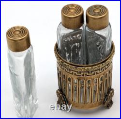 Vintage Etched Crystal Perfume Bottles In Ornate Brass Holder Marked