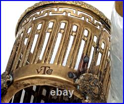 Vintage Etched Crystal Perfume Bottles In Ornate Brass Holder Marked