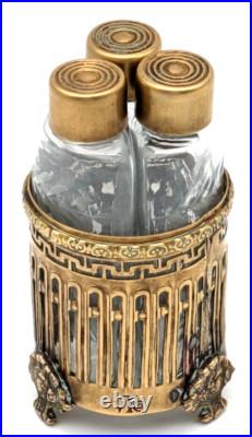 Vintage Etched Crystal Perfume Bottles In Ornate Brass Holder Marked