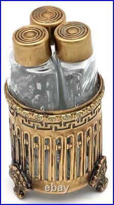 Vintage Etched Crystal Perfume Bottles In Ornate Brass Holder Marked