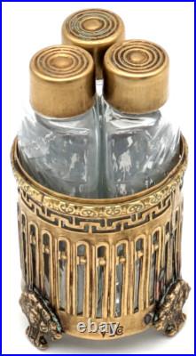Vintage Etched Crystal Perfume Bottles In Ornate Brass Holder Marked