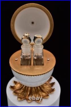 Vintage Evans Egg MCM Perfume Holder 2 Bottles White Glass Gold Tone Signed