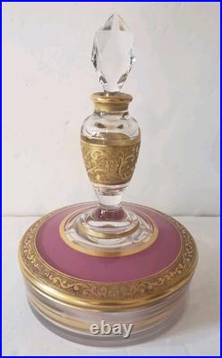 Vintage FOSTORIA Perfume and Powder Box COMBO Embossed Gold with Pink Enamel Vintage FOSTORIA Perfume and Powder Box COMBO Embossed Gold with Pink Enamel