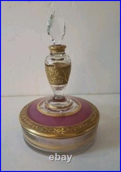Vintage FOSTORIA Perfume and Powder Box COMBO Embossed Gold with Pink Enamel Vintage FOSTORIA Perfume and Powder Box COMBO Embossed Gold with Pink Enamel