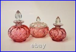 Vintage Fenton Cranberry Optic Glass Vanity Set Powder Jar & 2 Perfume Bottles Vintage Fenton Cranberry Optic Glass Vanity Set Powder Jar & 2 Perfume Bottles