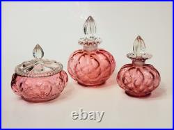 Vintage Fenton Cranberry Optic Glass Vanity Set Powder Jar & 2 Perfume Bottles Vintage Fenton Cranberry Optic Glass Vanity Set Powder Jar & 2 Perfume Bottles