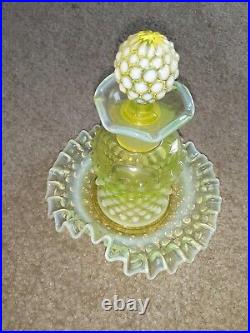 Vintage Fenton Uranium Vaseline Urani Opalescent Glass Perfume Bottle With Plate