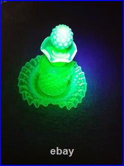 Vintage Fenton Uranium Vaseline Urani Opalescent Glass Perfume Bottle With Plate