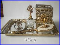 Vintage Filigree Gold Vanity Dresser Set Mirror Brush Comb Perfume Bottle