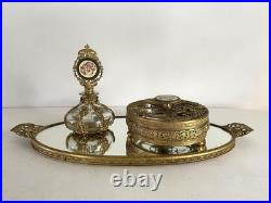 Vintage Filigree Ormolu Vanity Set Perfume Bottle Rose Guilloche