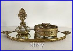 Vintage Filigree Ormolu Vanity Set Perfume Bottle Rose Guilloche
