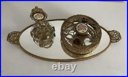 Vintage Filigree Ormolu Vanity Set Perfume Bottle Rose Guilloche
