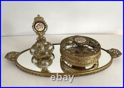 Vintage Filigree Ormolu Vanity Set Perfume Bottle Rose Guilloche