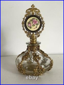 Vintage Filigree Ormolu Vanity Set Perfume Bottle Rose Guilloche
