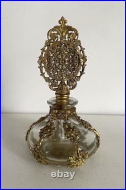 Vintage Filigree Ormolu Vanity Set Perfume Bottle Rose Guilloche