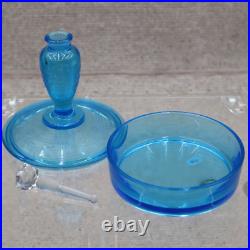 Vintage Fostoria Bottle, Blue Glass Art Deco Dresser Perfume & Powder Box Vintage Fostoria Bottle, Blue Glass Art Deco Dresser Perfume & Powder Box