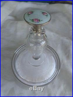 Vintage Fostoria Enamel Guilloche Roses Etched Crystal Perfume Bottle Powder Box