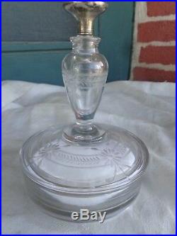 Vintage Fostoria Enamel Guilloche Roses Etched Crystal Perfume Bottle Powder Box
